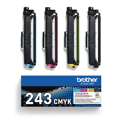 Brother TN-243CMYK Original Toner Cartridge prints up to 1000 pages, in cyan, magenta, yellow, and black. 1 pack.