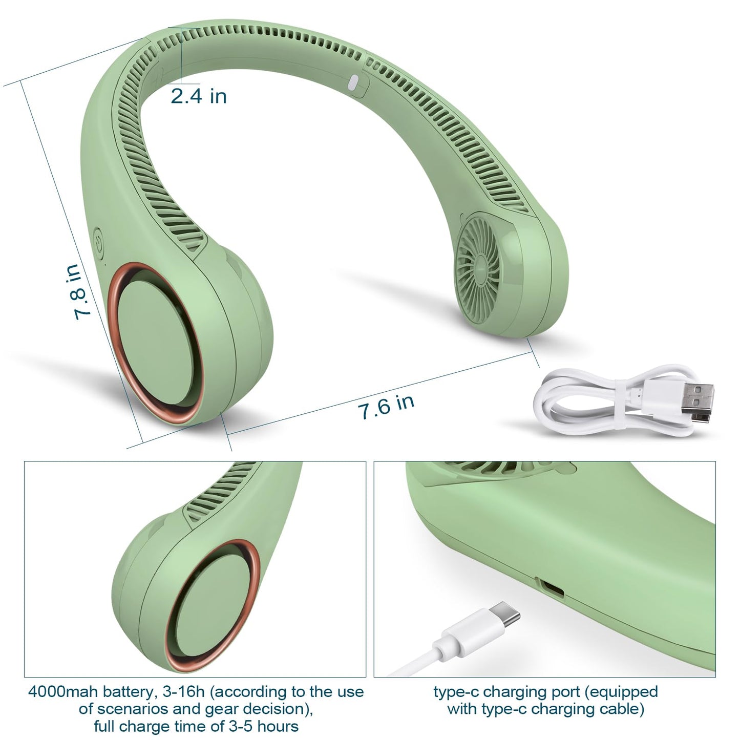 CIVPOWER Portable Neck Fan, hands-free fan, cooler, personal fan, 3 speed settings, USB powered neck fan for outdoor and indoor use, light green