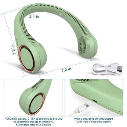 CIVPOWER Portable Neck Fan, hands-free fan, cooler, personal fan, 3 speed settings, USB powered neck fan for outdoor and indoor use, light green