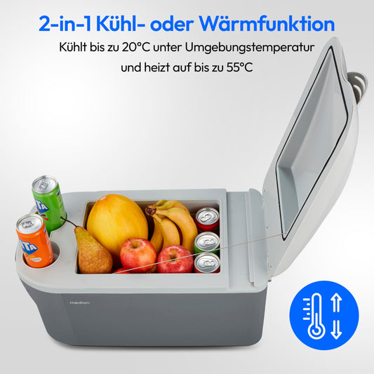 MEDION Coolbox 2in1 Cooling and Heating (16 liters, mobile electric car coolbox, thermoelectric, mini fridge, 2in1 connection 230V & 12V, carrying strap, for holidays, camping and travel, MD13100)