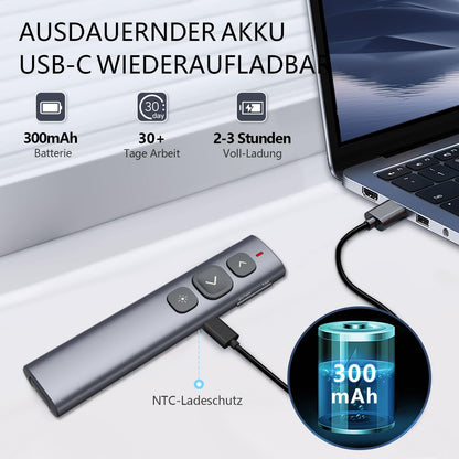 Norwii USB C Presentation Clicker with green laser pointer, rechargeable PowerPoint remote, Long Range Wireless Presenter for tablet/laptop/e-book.