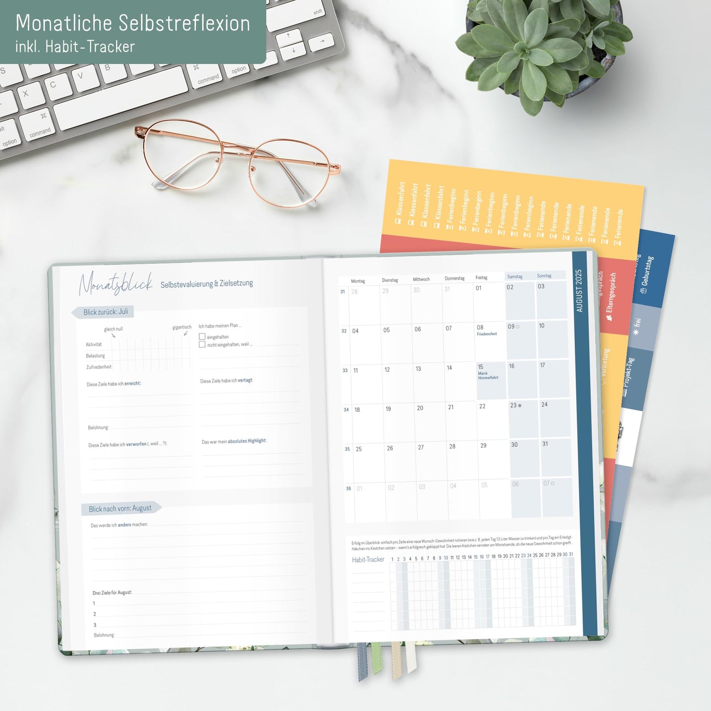 Häfft® Teacher Planner 2025/2026 A5 + "Minty Leaves" Hardcover Teacher Calendar/School Year Planner with 236 pages, stickers and more - sustainable & eco-friendly