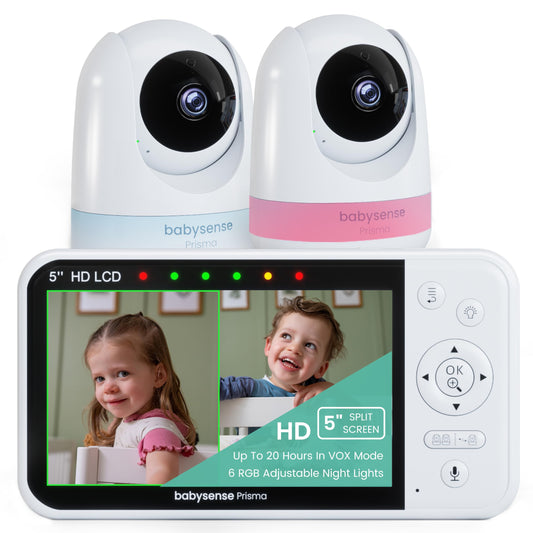 Babysense Prisma Baby Monitor with 2 cameras and audio, 5" HD video baby monitor, 6-color night light, split screen, baby sound machine with white noise & lullabies, safe without WiFi.