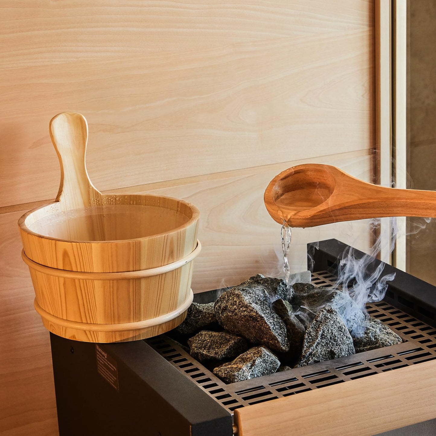 SUNNYDEALS classic sauna accessory set | 5-piece sauna set made of natural wood | sauna bucket & plastic insert 4l | sauna ladle | thermometer | hourglass | 2X sauna headrest