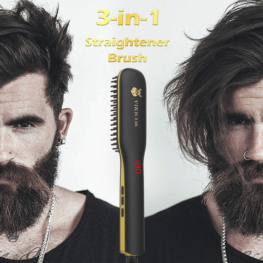 Men's beard straightener, Electric beard straightening comb, Ceramic and Ionic heated hair straightening brush, LED display with adjustable temperature, Dual voltage for travel and home.
