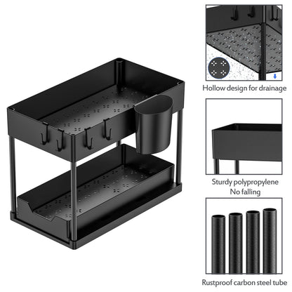Puricon under sink shelf cabinet organizer, 2-tier countertop kitchen rack organizer, multifunctional spice rack under cabinet shelf sink rack - Black
