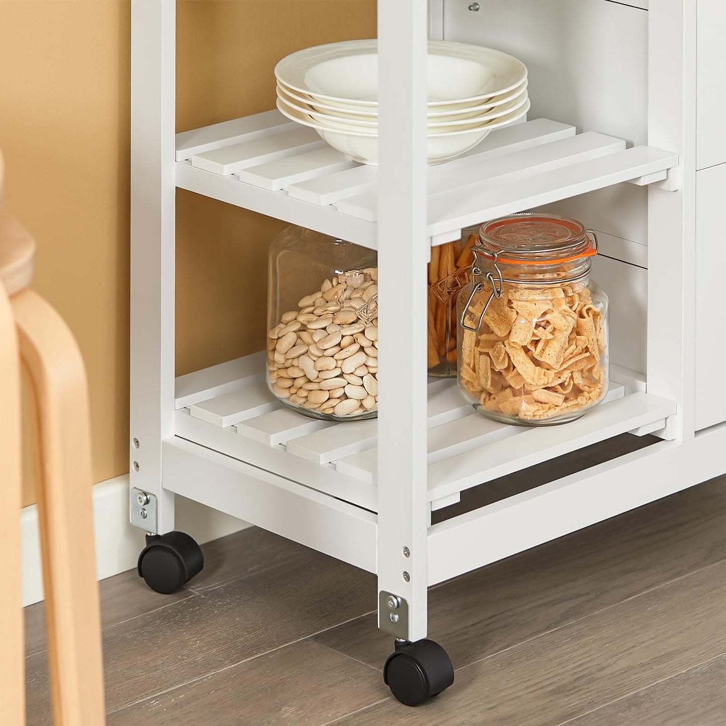 SoBuy serving cart with wheels - kitchen trolley with 2 removable trays and 1 tray - side cart trolley for kitchen, living room, dining room - white, 68x85x38 cm, up to 50 kg, MDF, FKW79-W