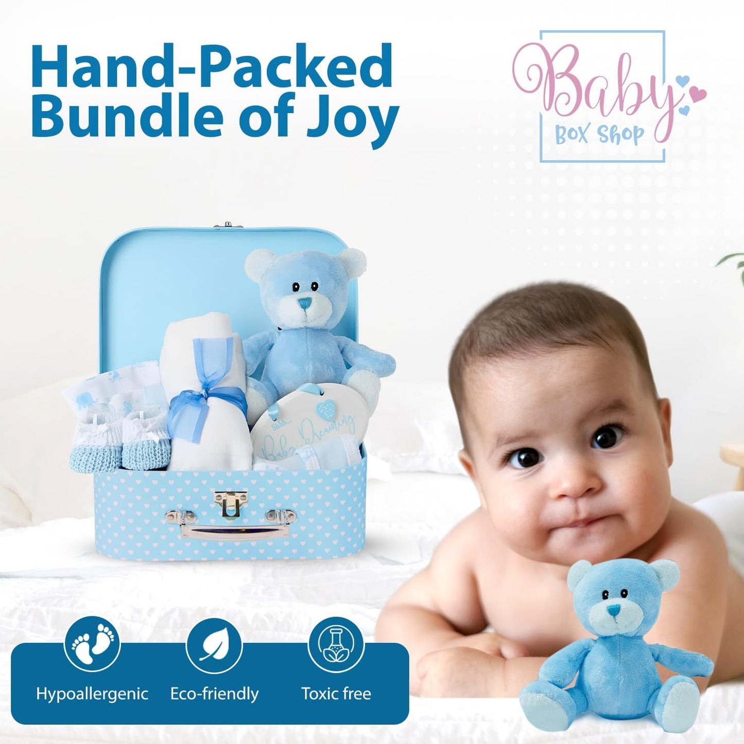 Baby Box Shop Baby Shower Boy Gift - 9 Piece Baby Gift Set, Newborn Boy, Baby Gift Set - Gift Basket Set - Blue