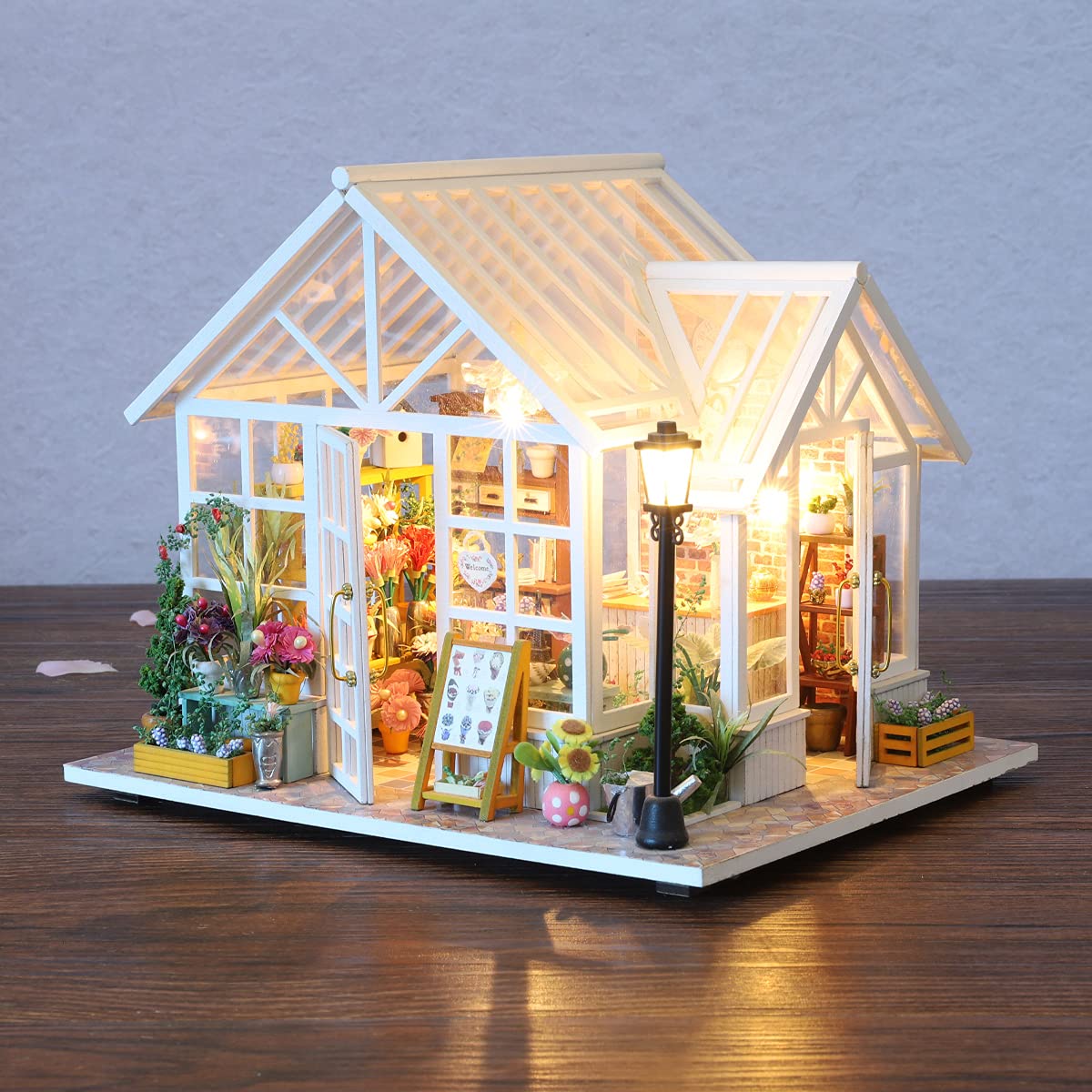 GuDoQi DIY Dollhouse Miniature Kit, 3D Wooden Dollhouse Kit with Furniture and Music and LED Light, Craft Miniature Model Kits for Women and Collectors, Beautiful Flower Shop