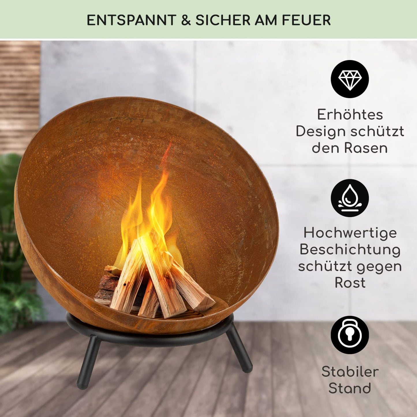 Blumfeldt Fire Pit, Outdoor Fireplace with 3-leg stand, Tilt-able Fire Bowls for Garden & Balcony, Large Camping Fire Pit, Weatherproof Garden Fire Bowl, 50x75x50 cm dimensions.