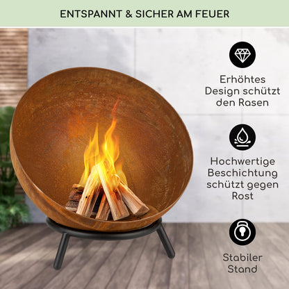 Blumfeldt Fire Pit, Outdoor Fireplace with 3-leg stand, Tilt-able Fire Bowls for Garden & Balcony, Large Camping Fire Pit, Weatherproof Garden Fire Bowl, 50x75x50 cm dimensions.