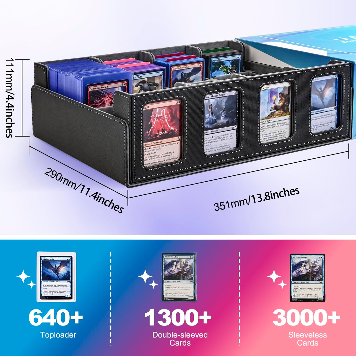 UAONO Trading Card Storage Box for Commander display, 2400+ MTG deck box with 4 toploaders, TCG card case suitable for Magic PTCG sports cards (black & gray)