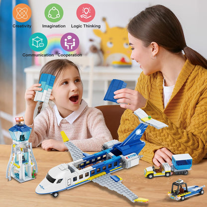 CUBIMANA City Passenger Plane Building Set, 3 IN 1 airplane building set with terminal, radar tower, luggage cart. Aircraft model building blocks toy gift for boys, girls, kids 6, 7, 8, 9+ years old.