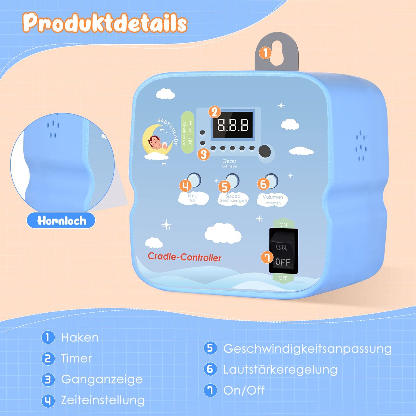 Motorized baby swing, SenDeluz swing motor with 2 pieces of spring and remote control, Electric baby swing controller with timer, Adjustable speed and volume, 20 kg capacity.