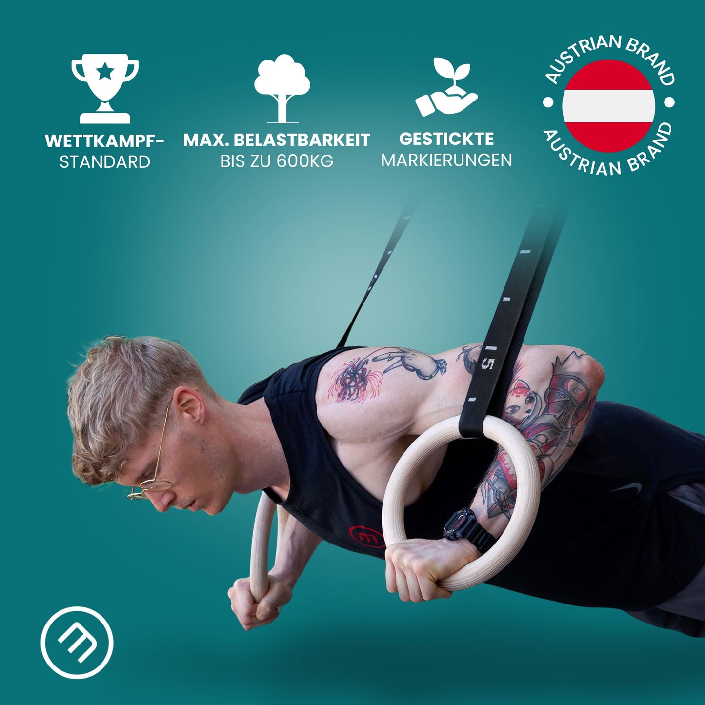 BeMaxx Wooden Gymnastic Rings + Door Anchor & Training eBook - Olympic Gymnastic Wooden Rings & Straps + Markings | Gymnastic Rings Fitness Rings Workout Sport | Men Women