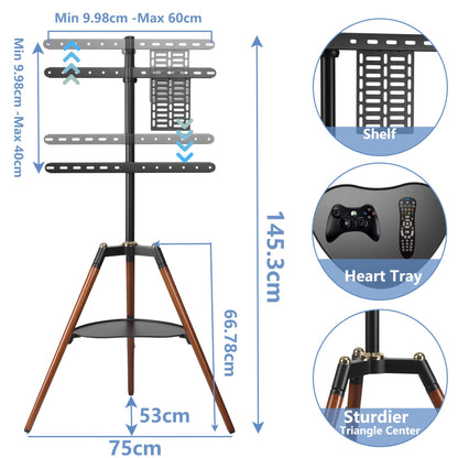 ETHU Tripod TV Stand Wooden TV Easel for 32-65 inch TVs, Height Adjustable TV Floor Stand with Media Shelf for LED/LCD Screens, TV Stand with 140° Swivel Function VESA 600x400mm