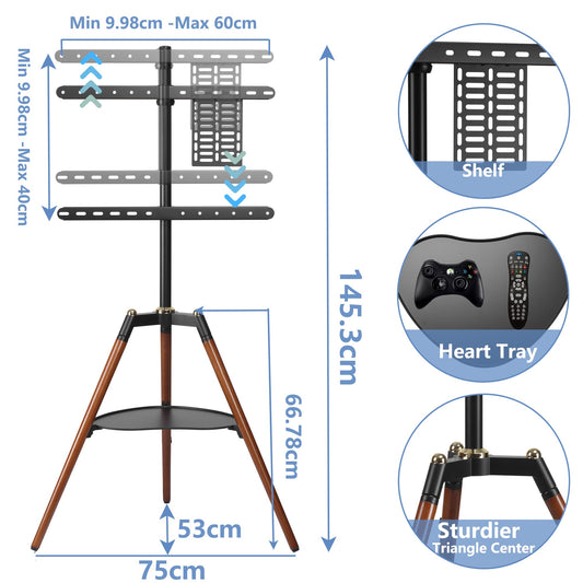 ETHU Tripod TV Stand Wooden TV Easel for 32-65 inch TVs, Height Adjustable TV Floor Stand with Media Shelf for LED/LCD Screens, TV Stand with 140° Swivel Function VESA 600x400mm
