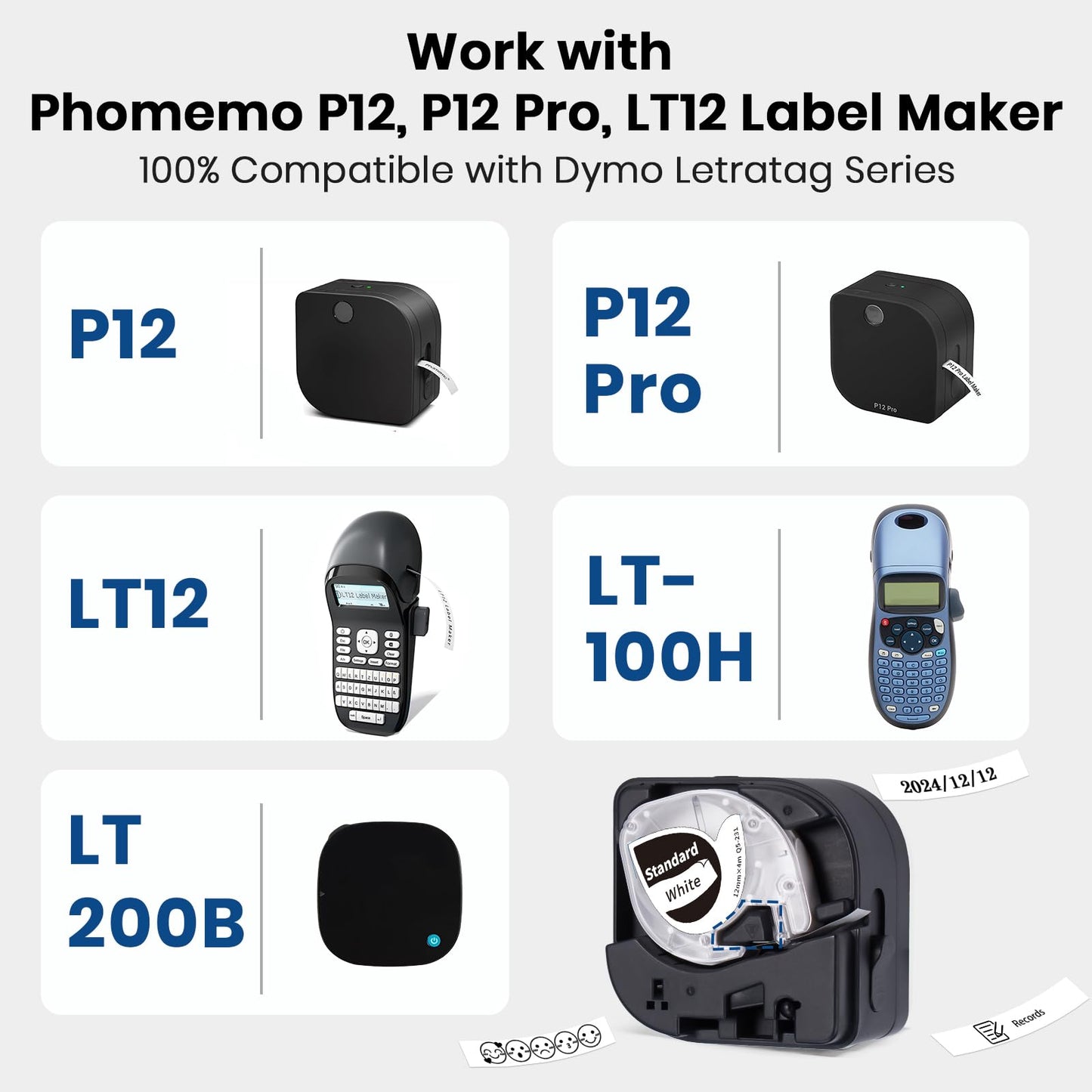 Phomemo P12/P12 Pro/LT12 label tape compatible with Dymo label tape 12mm x 4m, thermal transfer labels white on black Q5-335 durable heat-resistant compatible with Dymo LetraTag LT-100H LT-100T