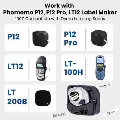 Phomemo P12/P12 Pro/LT12 label tape compatible with Dymo label tape 12mm x 4m, thermal transfer labels white on black Q5-335 durable heat-resistant compatible with Dymo LetraTag LT-100H LT-100T
