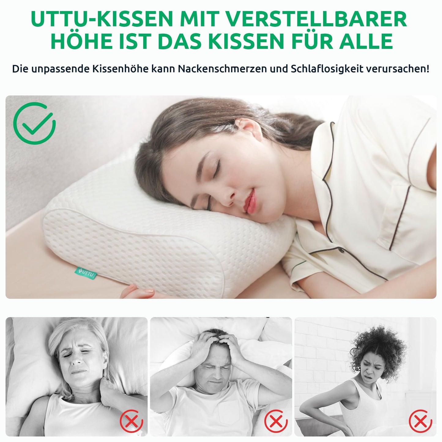 UTTU Memory Foam Sandwich Pillow, pillow to relieve neck pain, Ergonomic Neck Pillow, adjustable memory foam pillow 60x36x10cm
