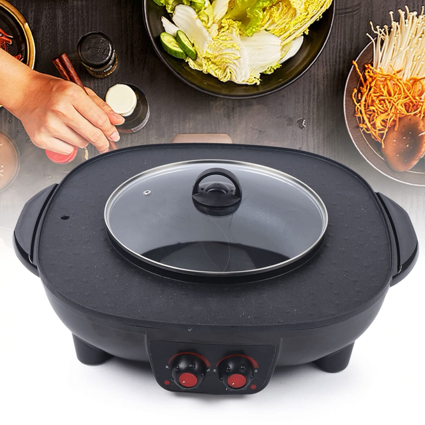 2 In 1 Hotpot and Grill, Electric Hotpot Pot Electric Grill Non-Stick Smokeless Grill Oven, Indoor Korean BBQ Grill Barbecue Fondue Raclette, for 5-6 people