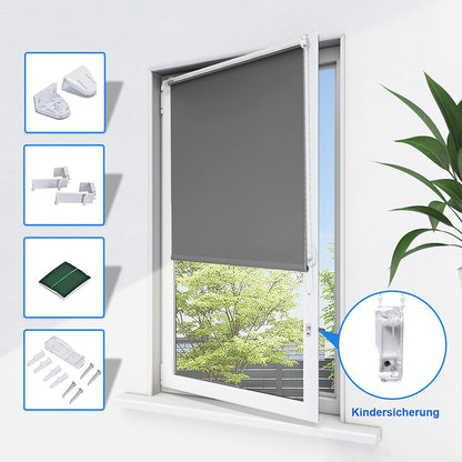 Blackout roller blind without drilling, for windows 47" x 78" (fabric width 45") in dark gray. Thermal roller blind with clamp fixing, side pull roller blind for privacy and sun protection. Wall mountable.