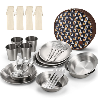 Odoland Camping Cutlery Set Tableware 25 PCS made of stainless steel Table service with case Knife Fork Spoon Plate Coffee cup ideal for 4 people Outdoor Travel Hiking Camping