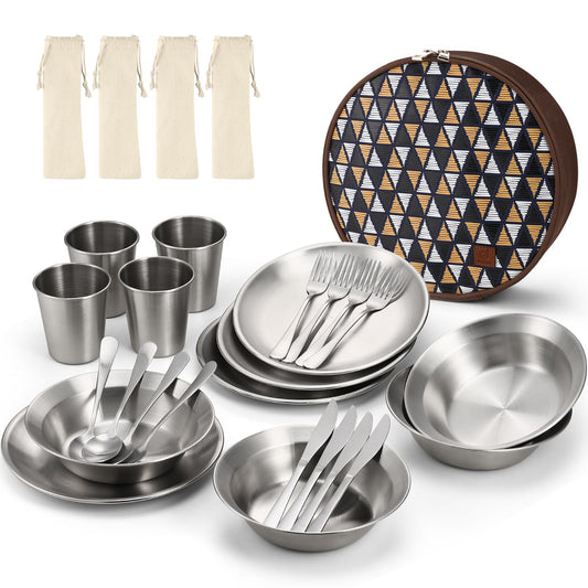 Odoland Camping Cutlery Set Tableware 25 PCS made of stainless steel Table service with case Knife Fork Spoon Plate Coffee cup ideal for 4 people Outdoor Travel Hiking Camping