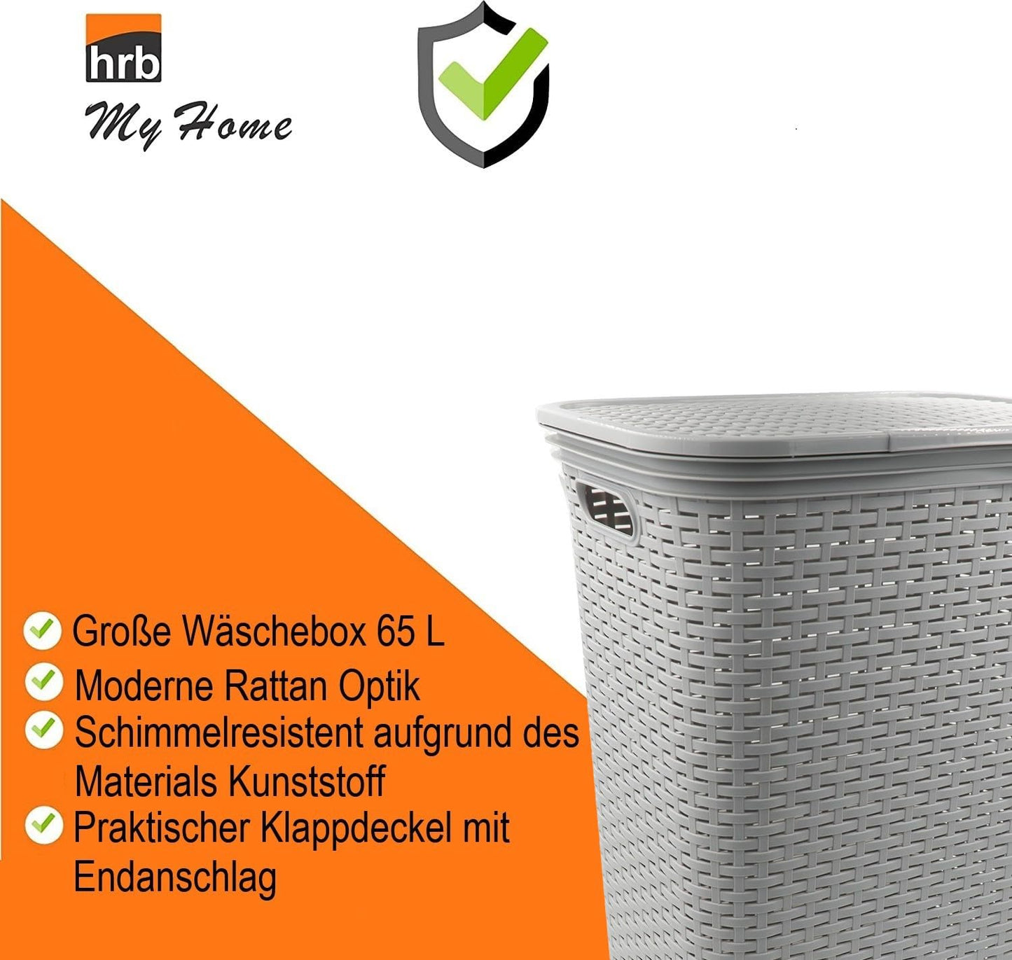 HRB laundry basket with lid made of 65 liters of rattan, plastic laundry storage, laundry sorter (gray)