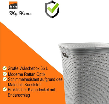 HRB laundry basket with lid made of 65 liters of rattan, plastic laundry storage, laundry sorter (gray)