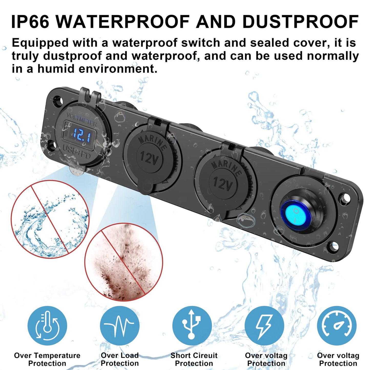 (4 in 1) PD 30W USB C 12V Socket: Switch Panel DC 12 Volt Car Type C Jack Waterproof USB Flush Mount Socket Outlet Cigarette Lighter Adapter Car Charger for iPhone Motorhome Boat Caravan