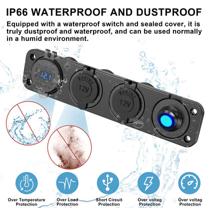 (4 in 1) PD 30W USB C 12V Socket: Switch Panel DC 12 Volt Car Type C Jack Waterproof USB Flush Mount Socket Outlet Cigarette Lighter Adapter Car Charger for iPhone Motorhome Boat Caravan