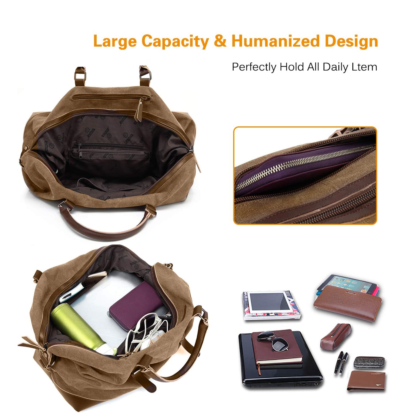 FANDARE Sports Bag Travel Bag Carry-On Weekender for Men Women Multifunction Shoulder Bag Canvas Duffel Bag for Overnight Beach Travel Outdoor Camping Brown