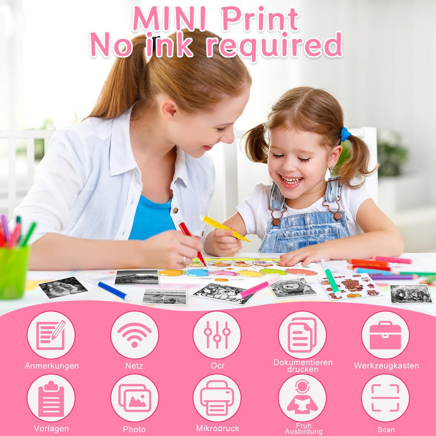 Instant Camera for Kids, 12MP 2.4-inch Screen Kids Camera with 32G Card, Printing Paper & Colored Pens, 1080P Kids Instant Print Camera, Gift for Children 3-12 Years Old.