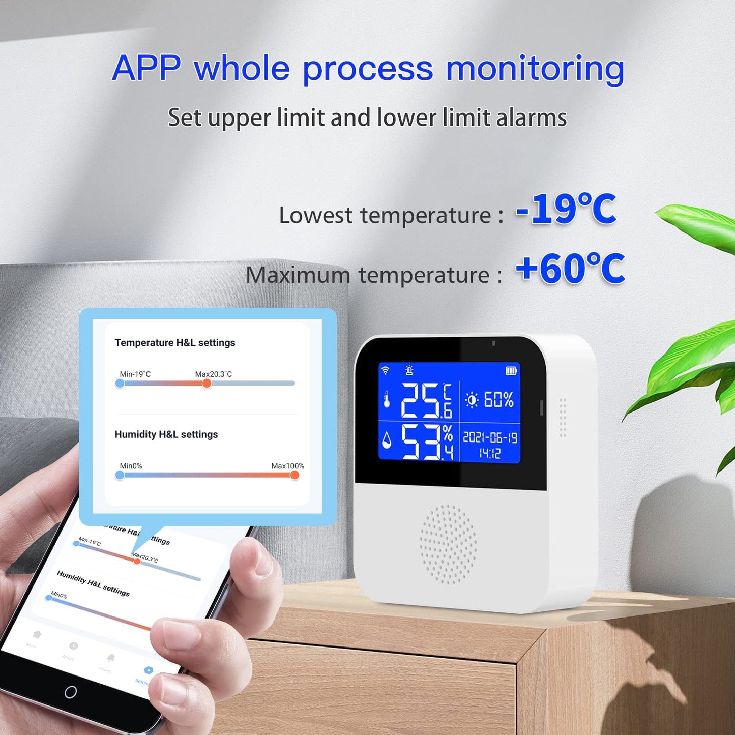 WiFi temperature sensor with waterproof external probe, Tuya smart temperature humidity monitor with backlight LCD display, buzzer alarm & app notification alert. Remote monitor for incubator and wine cellar.