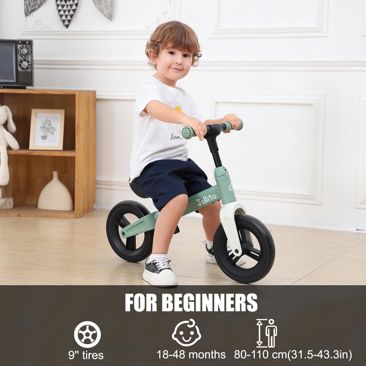 JOLLITO Baby Balance Bike, Kids Bicycle Toy for 18-48 months old girls and boys gifts, pedal-free training bike, 9 inch wheel and aluminum frame.