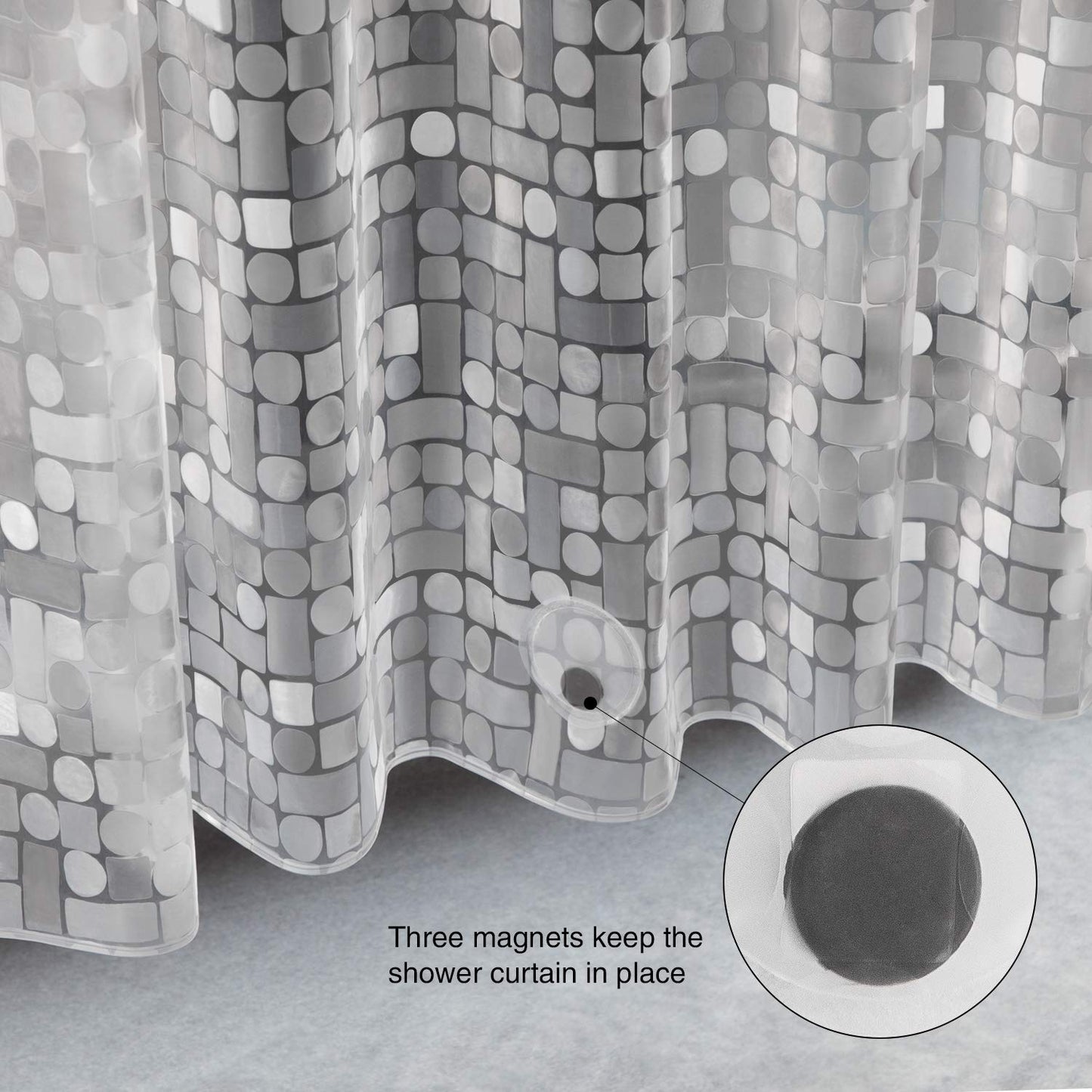 WELTRXE shower curtain with bottom weight magnets, transparent geometric design, made of waterproof and antibacterial Eva material. Size: 183*200cm, comes with 12 curtain rings. Ideal for shower and bathtub.