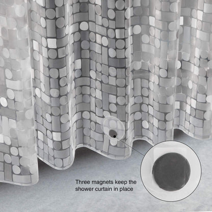 WELTRXE shower curtain with bottom weight magnets, transparent geometric design, made of waterproof and antibacterial Eva material. Size: 183*200cm, comes with 12 curtain rings. Ideal for shower and bathtub.