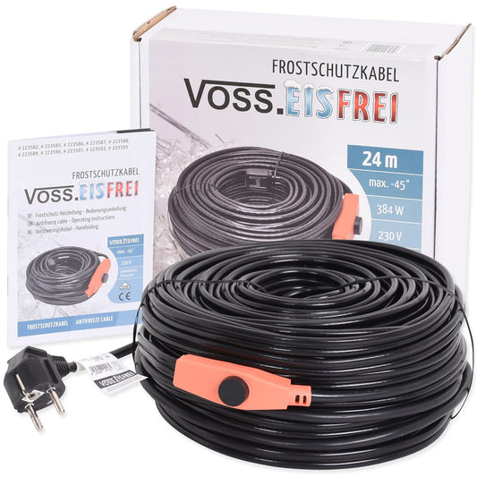 24m frost protection heating cable with button thermostat VOSS.eisfrei, 230V, heating cable for protection of water pipes and troughs.
