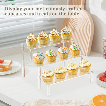 Acrylic riser display shelf stand for Amiibo Funko Pops figures, tabletop clear acrylic organizer for nail polish spices cosmetics art crafts jewelry stand cupcake buffets dessert model 3 pack