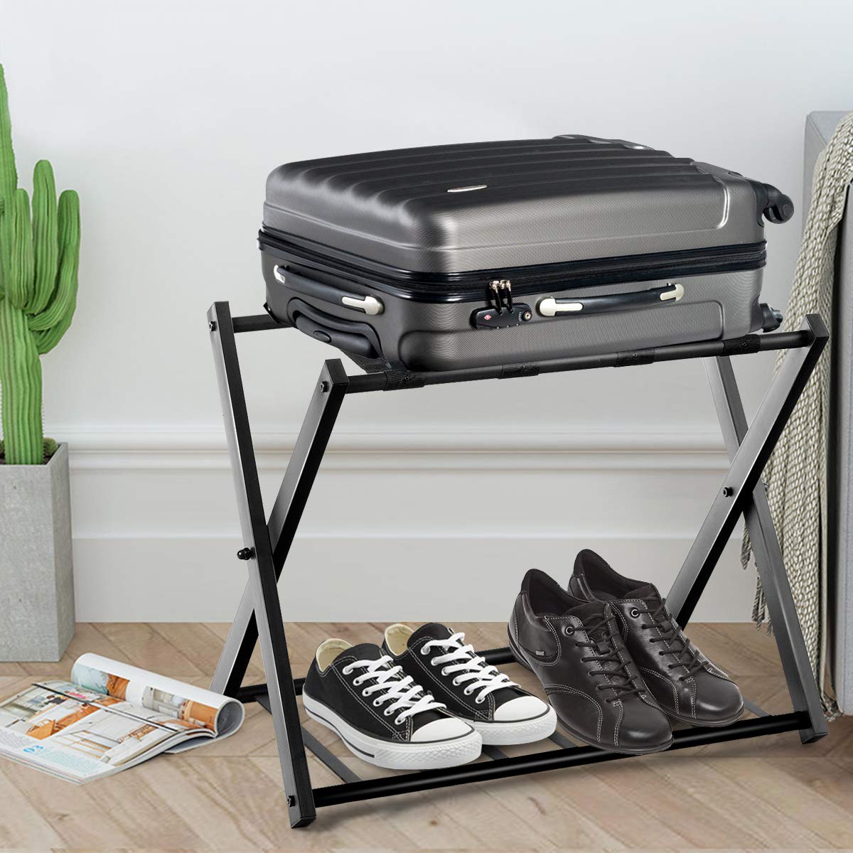 GYMAX Folding Luggage Rack, Double-Layer Luggage Stand with 4 sturdy straps & 2-tier design, luggage shelf supports up to 60 kg, luggage rack for guest room & hotel (1, Black)