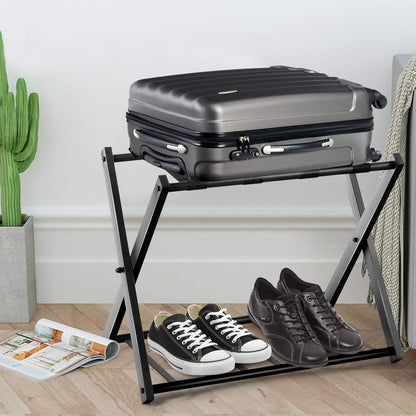 GYMAX Folding Luggage Rack, Double-Layer Luggage Stand with 4 sturdy straps & 2-tier design, luggage shelf supports up to 60 kg, luggage rack for guest room & hotel (1, Black)