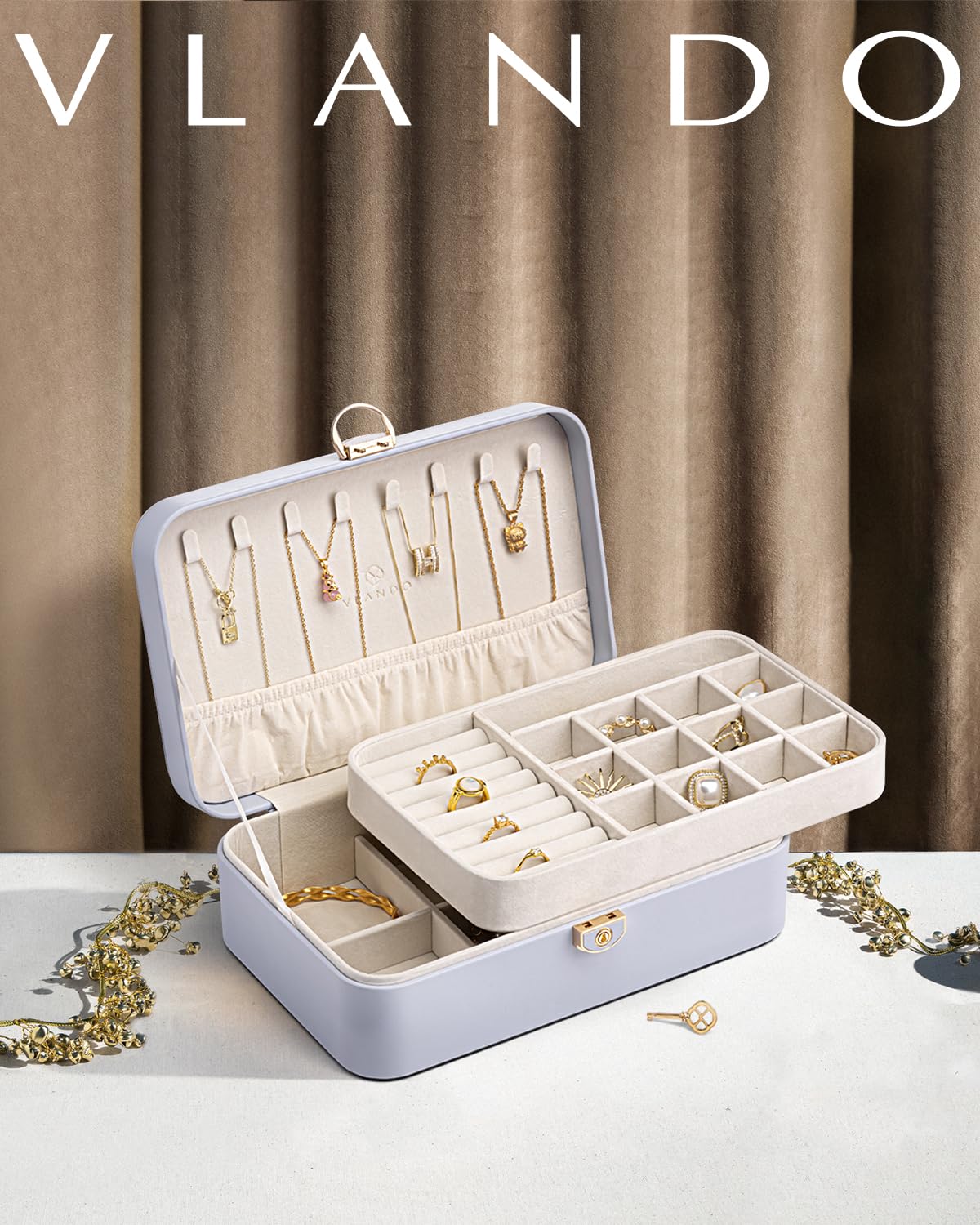Vlando Jewelry Box for Girls Women, Double-layer Jewelry Case, Lockable Jewelry Box, Jewelry Storage Box for Rings Earrings Bracelets, Jewelry Organizer