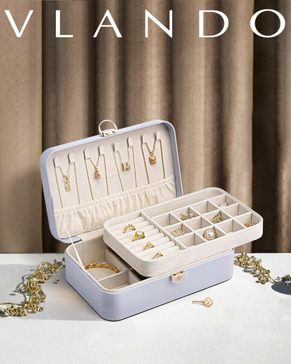 Vlando Jewelry Box for Girls Women, Double-layer Jewelry Case, Lockable Jewelry Box, Jewelry Storage Box for Rings Earrings Bracelets, Jewelry Organizer