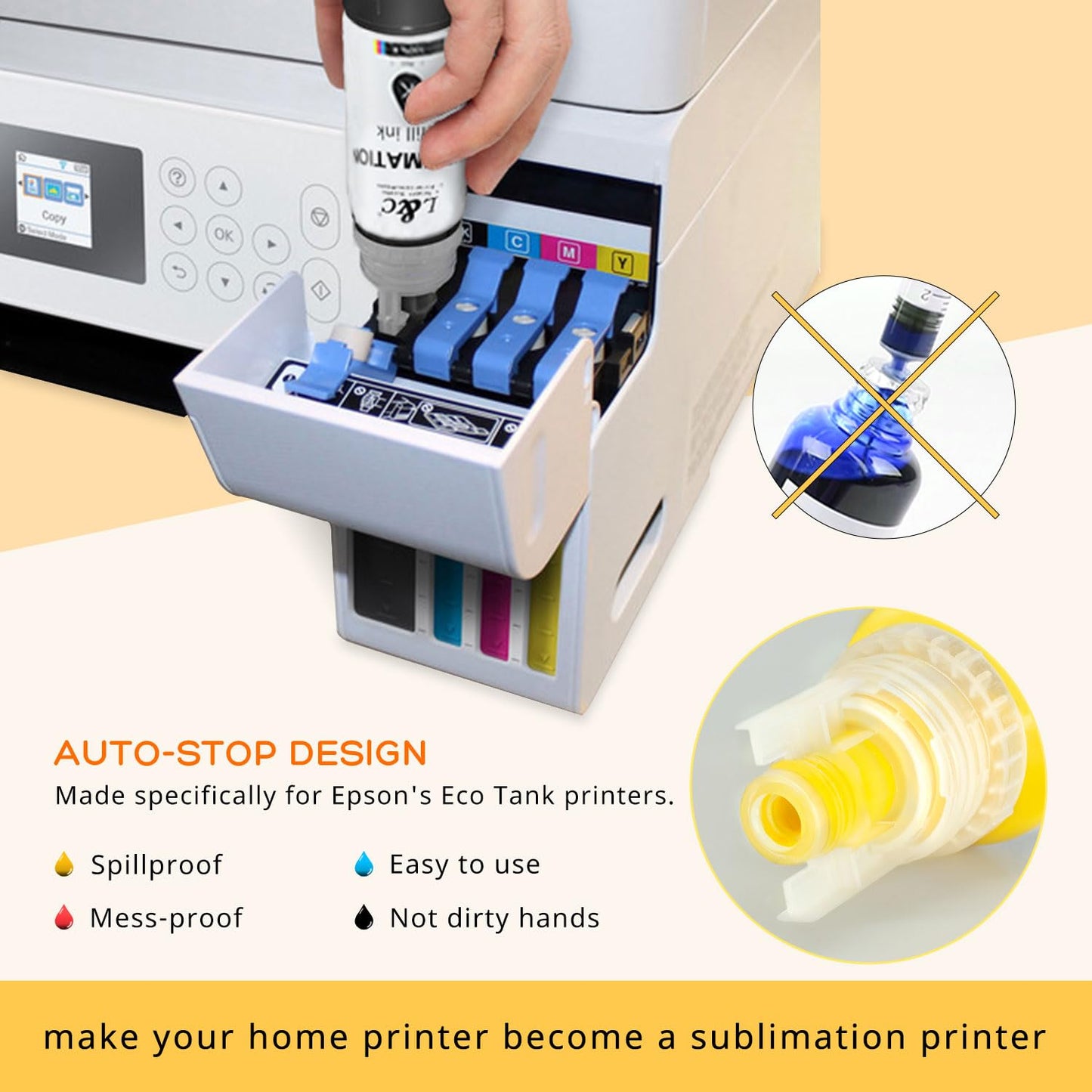 Sublimation ink for Epson Ecotank ET-2810 ET-1810 ET-2830 ET-2815 ET-4810 ET-2820 ET-2810 ET-2850 ET-2840 Sublimation printers EcoTank printers Auto-fill
