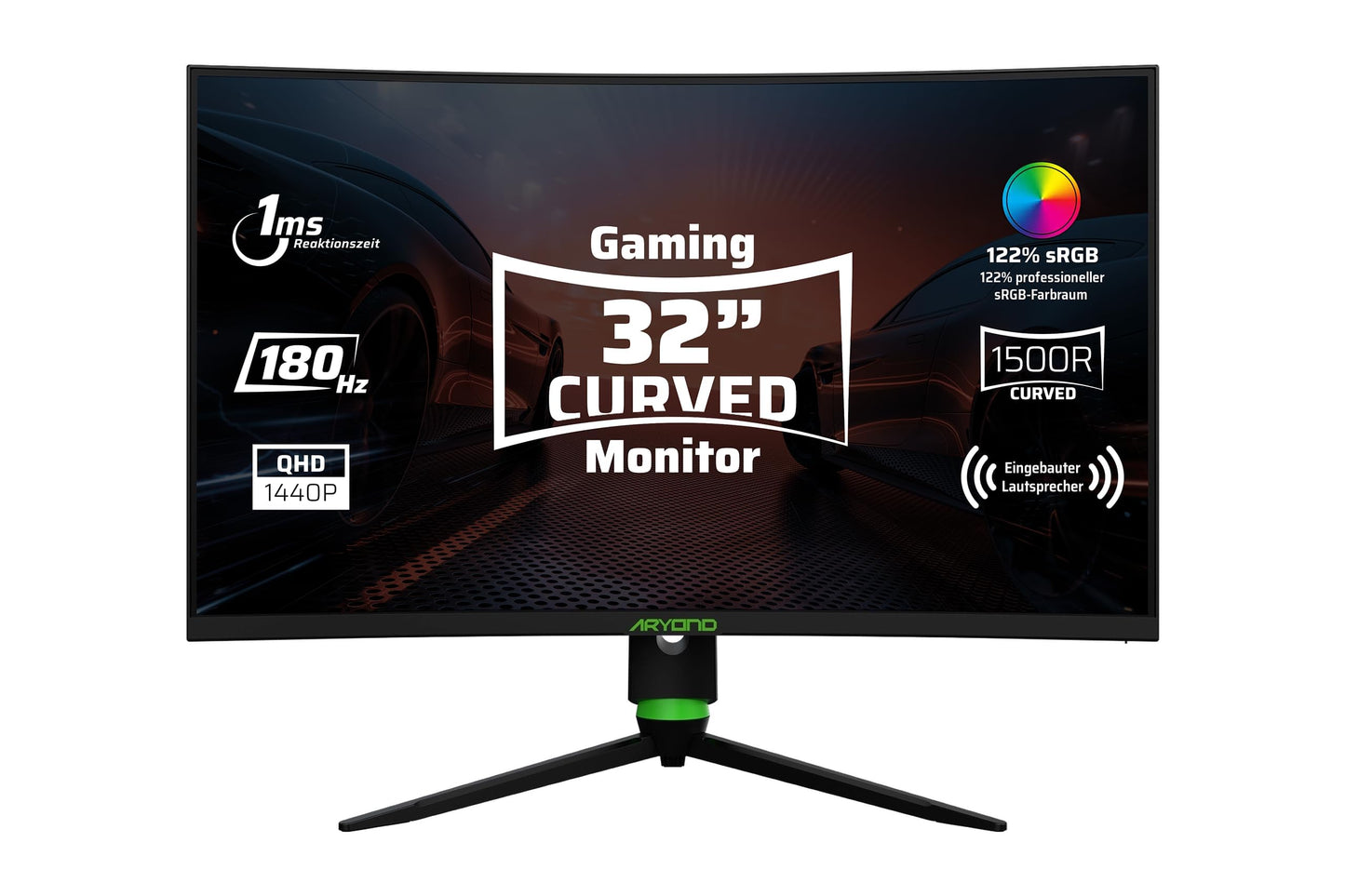 Aryond A32 V2 Curved Gaming Monitor, 32 inch (80cm), 180Hz, 1500R, QHD (2560x1440), 1ms, HDR, FreeSync & G-Sync, 122% SRGB, Eye Care, Built-in Speaker, HDMI, Display Port, Height Adjustable.
