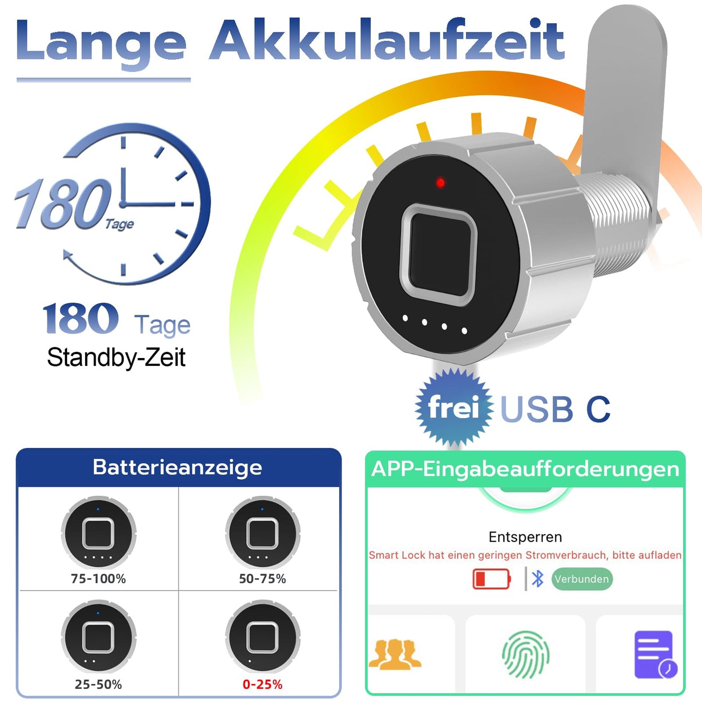 Fingerprint lock, Eseesmart mailbox lock, furniture lock with fingerprint APP, electronic cabinet lock with 3 locking tongues, drawer lock for locker house office 30mm.