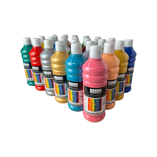 24 color set of acrylic paints, each 500 ml. Highly pigmented and opaque painting colors for canvas, pouring, wood, stone, paper, fabric, metal, etc. All-purpose colors. 24 x 500ml.
