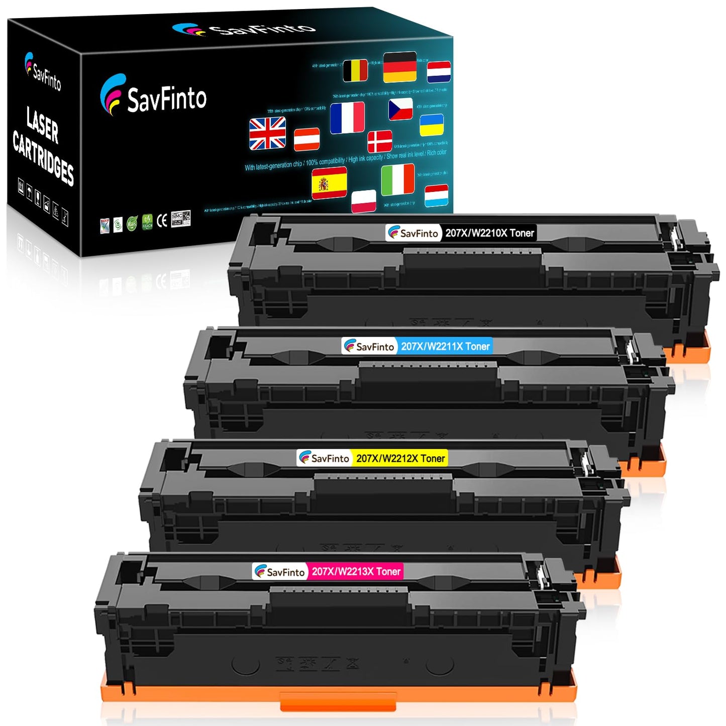 SavFinto 207X Toner Multipack (No Chip) Compatible for HP 207X 207A for HP Color Laserjet Pro MFP M283fdw M283fdn M282nw M255dw M255nw (1 Black, 1 Cyan, 1 Magenta, 1 Yellow)