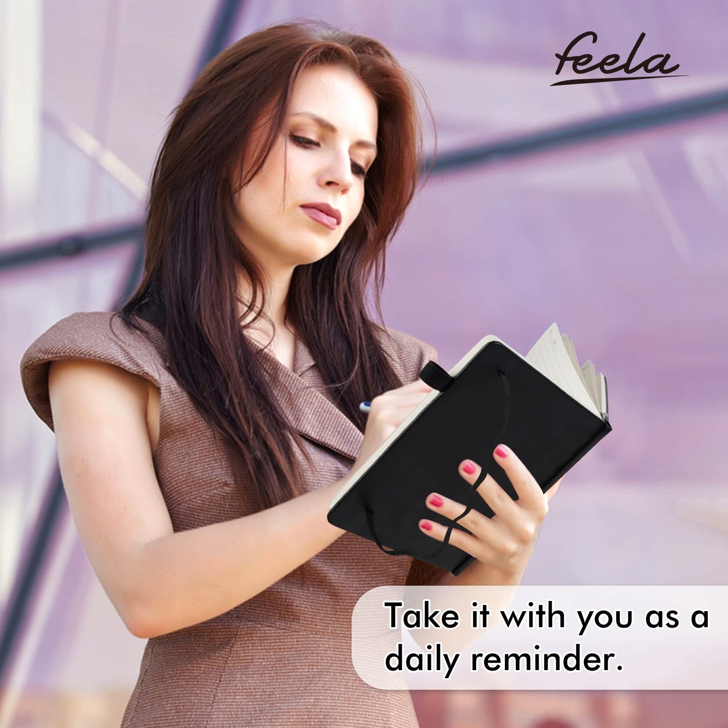feela Notebook A5 lined, 3 black notebooks with 3 pens, DIN A5 Hardcover Notebooks, 120 g / m², 128 pages each, 64 sheets, diary, business notebook, notebook for men, women